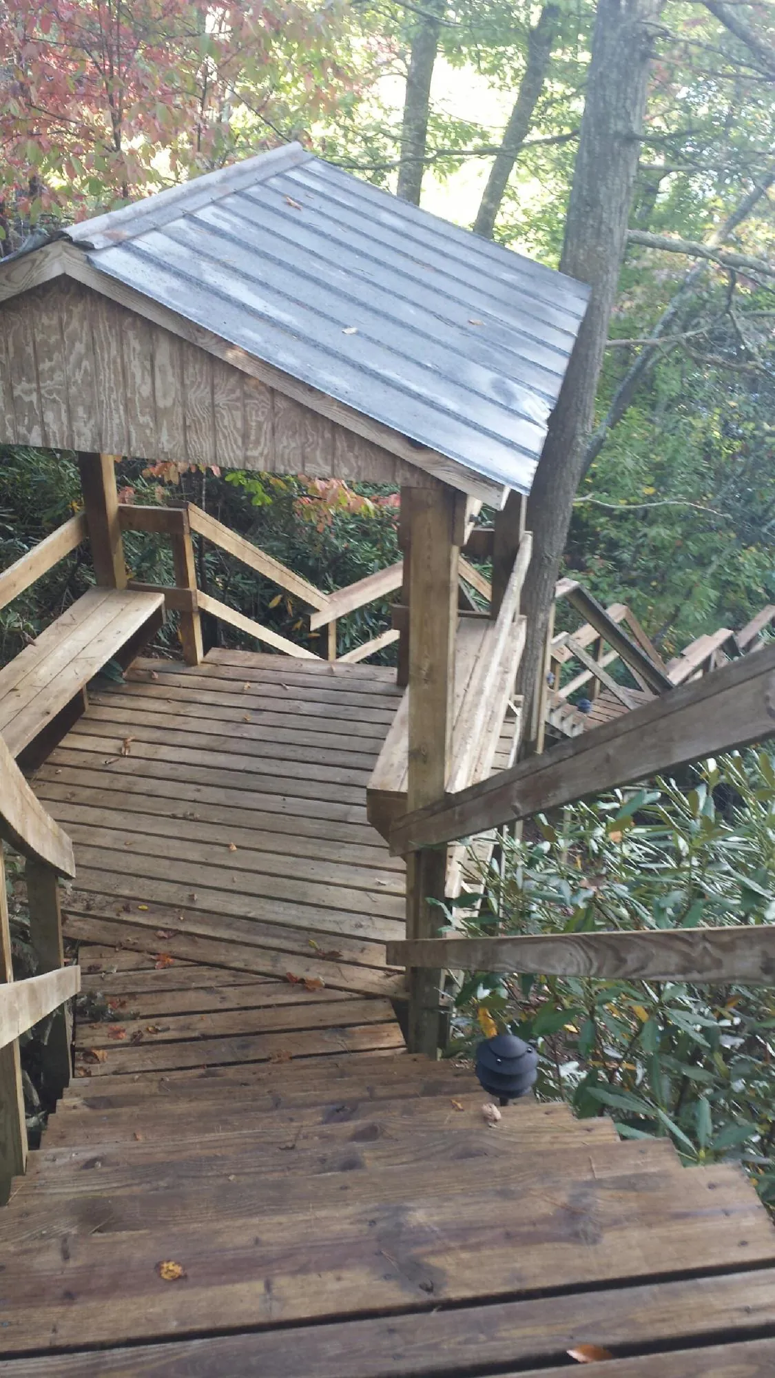 Metal roofed shelter over wooden steps on a wooded walkway — Skylight Repair & Installation work by our crew in North